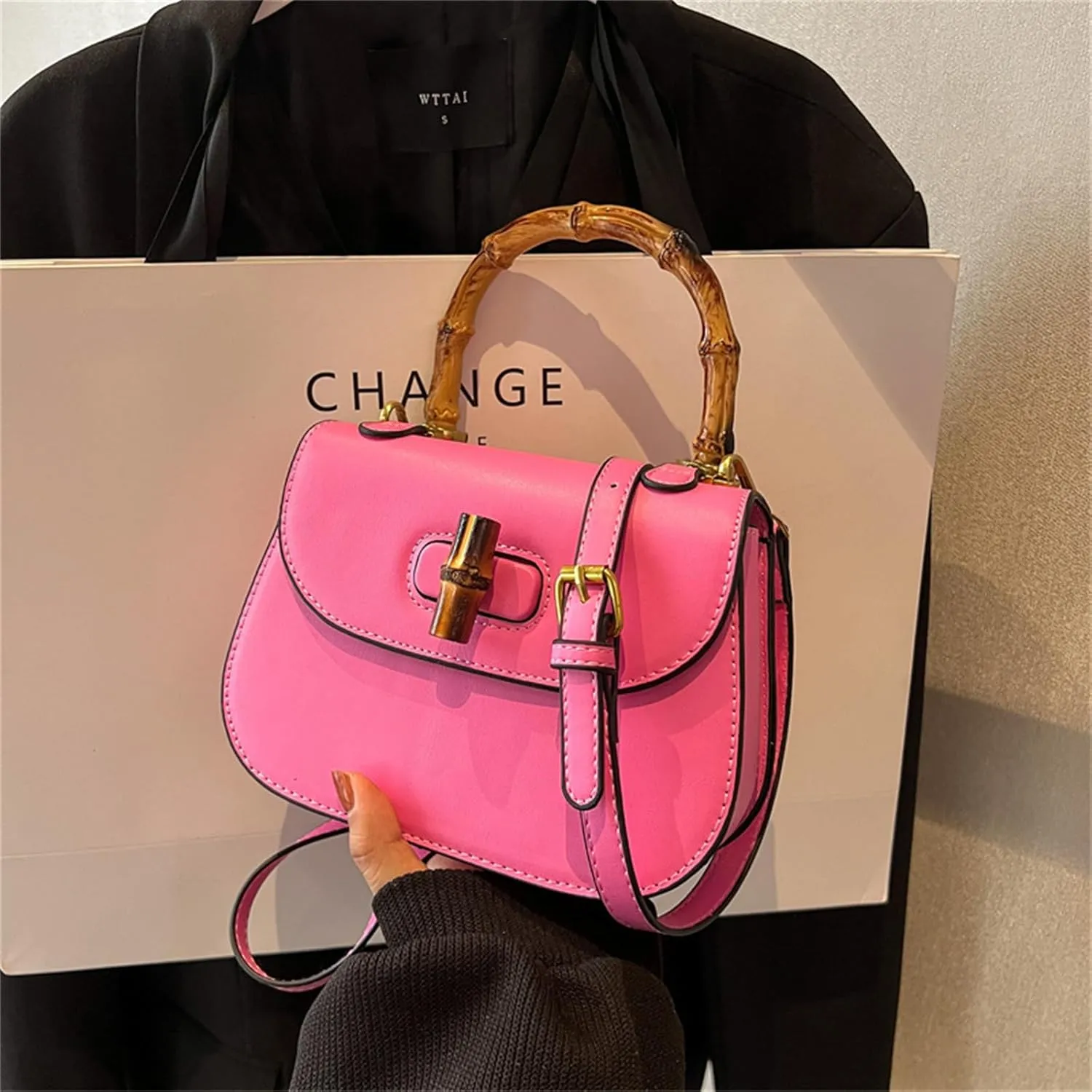 Women'S Leather Tote Handbags,Bamboo Shaped Top Handle Satchel Crossbody Bag Vintage Shoulder Bag