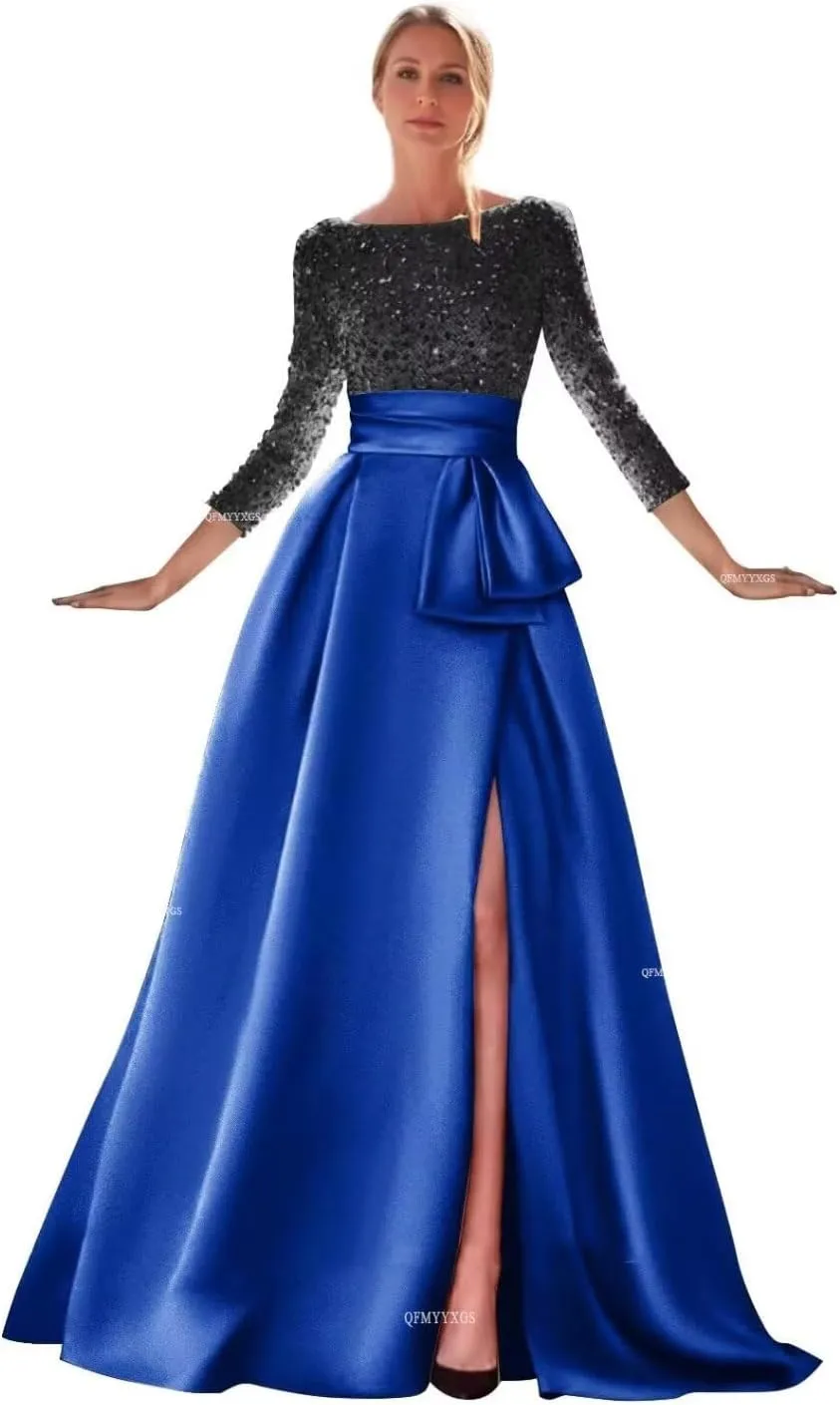 Women's Long Sleeve Prom Dresses Sequin Satin Ball Gown Boat Neck Formal Gowns Evening Dress Long with Slit