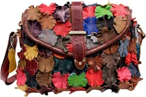 Women’s Multicolor Floral Shoulder Bag Genuine Leather Patchwork Colorful urses