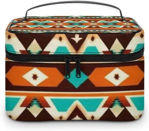 Women's Portable Makeup Bag, Travel Large Cosmetic Storage Case Tribal Navajo Indiana Western Southwest Ethnic Toiletry Organizer Bag with Zipper Pouch