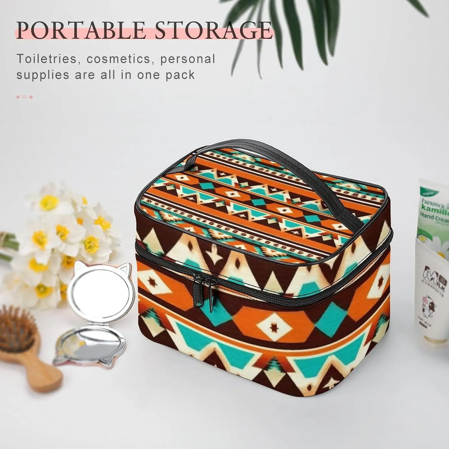 Women's Portable Makeup Bag, Travel Large Cosmetic Storage Case Tribal Navajo Indiana Western Southwest Ethnic Toiletry Organizer Bag with Zipper Pouch