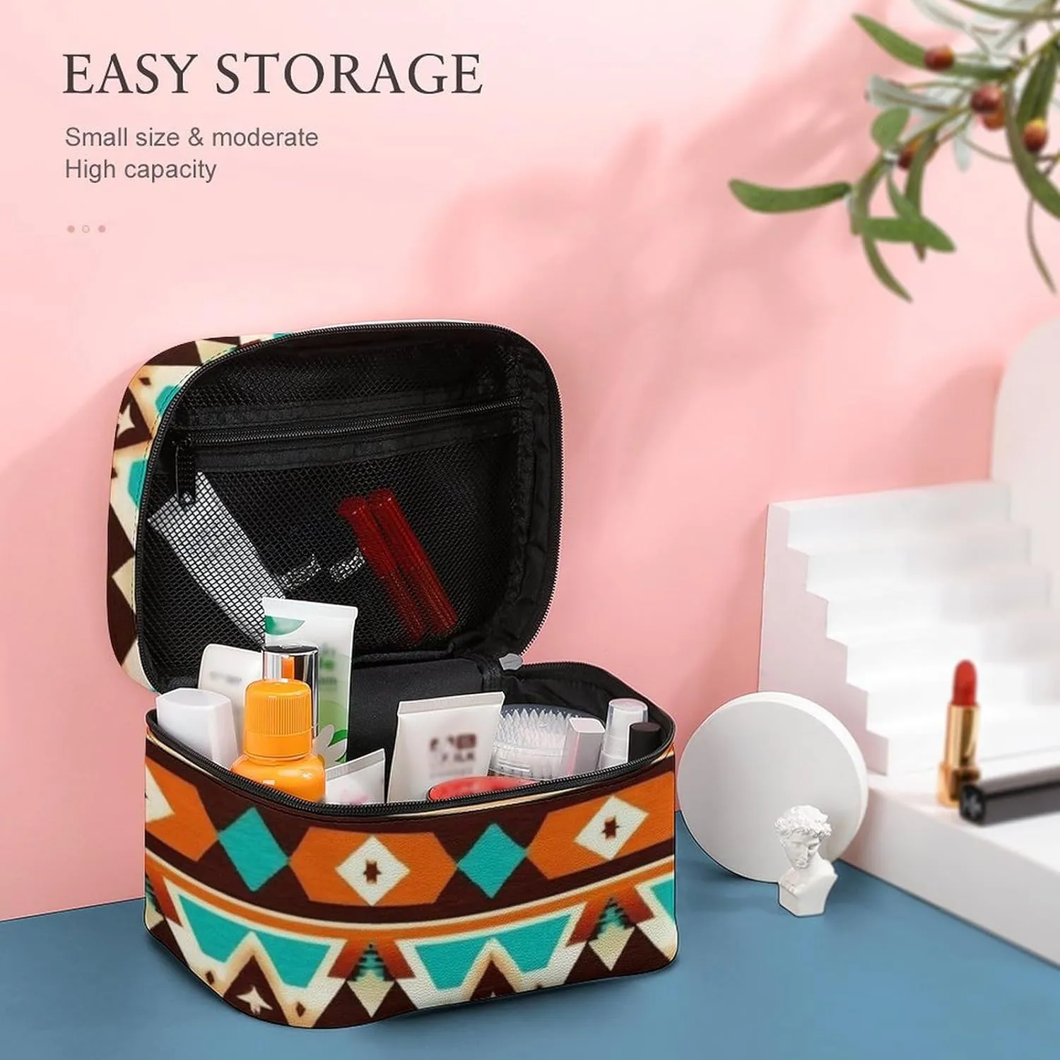 Women's Portable Makeup Bag, Travel Large Cosmetic Storage Case Tribal Navajo Indiana Western Southwest Ethnic Toiletry Organizer Bag with Zipper Pouch