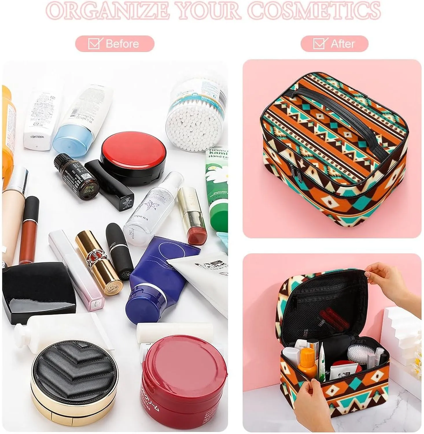 Women's Portable Makeup Bag, Travel Large Cosmetic Storage Case Tribal Navajo Indiana Western Southwest Ethnic Toiletry Organizer Bag with Zipper Pouch