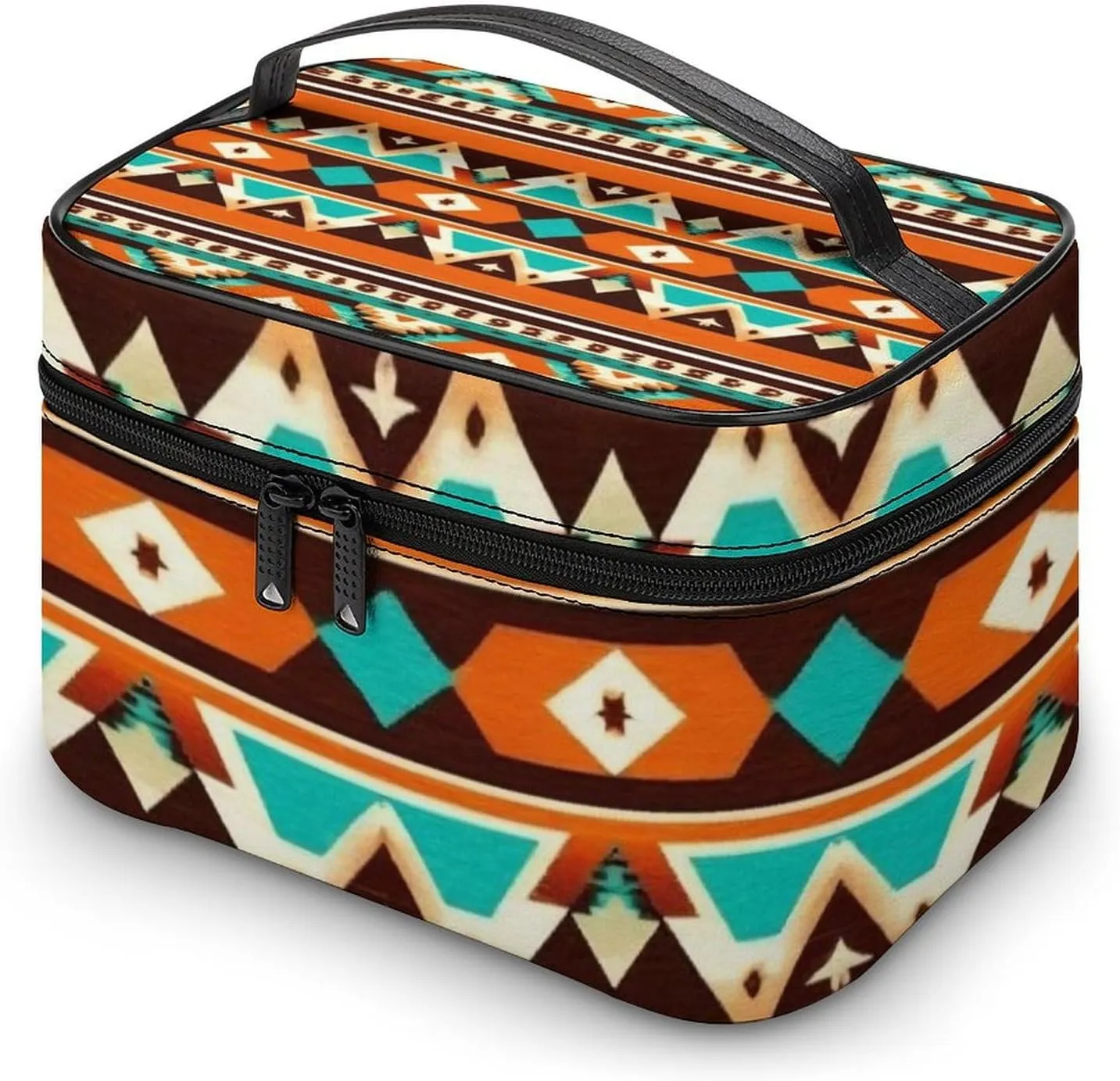 Women's Portable Makeup Bag, Travel Large Cosmetic Storage Case Tribal Navajo Indiana Western Southwest Ethnic Toiletry Organizer Bag with Zipper Pouch