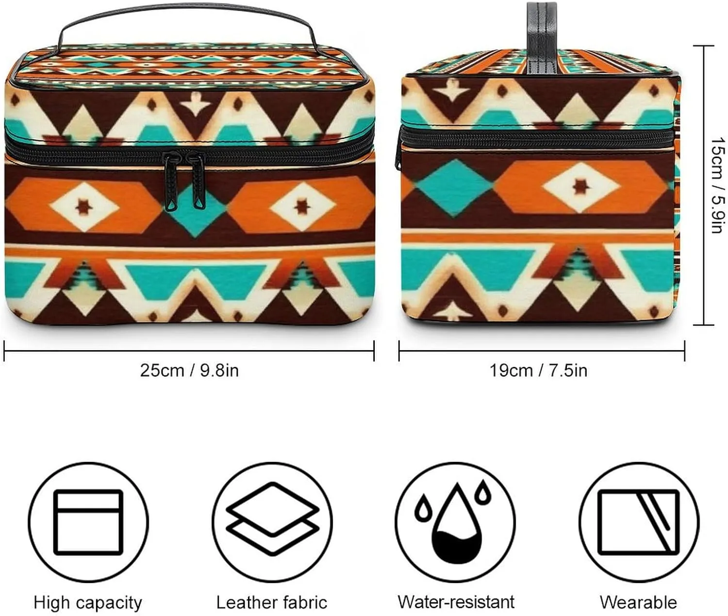 Women's Portable Makeup Bag, Travel Large Cosmetic Storage Case Tribal Navajo Indiana Western Southwest Ethnic Toiletry Organizer Bag with Zipper Pouch