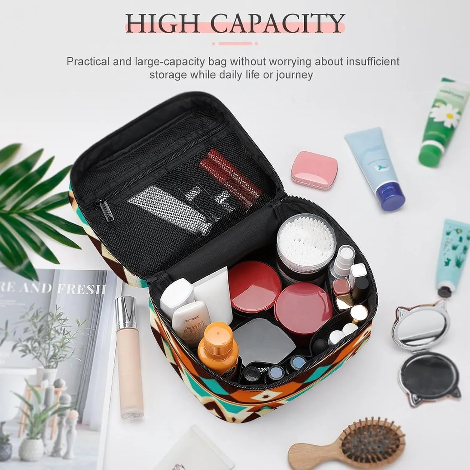 Women's Portable Makeup Bag, Travel Large Cosmetic Storage Case Tribal Navajo Indiana Western Southwest Ethnic Toiletry Organizer Bag with Zipper Pouch