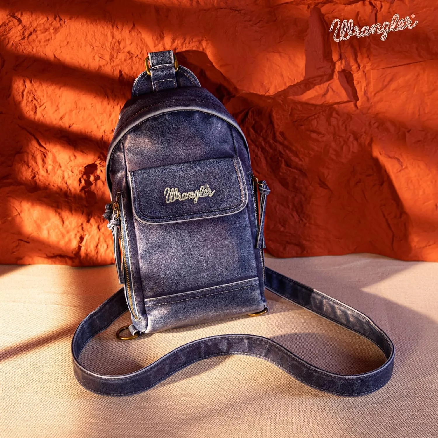 Wrangler Men's Sling Backpack Purse Crossbody Shoulder Bag with Adjustable Strap Vegan Leather Crossbody Bags for Men Women