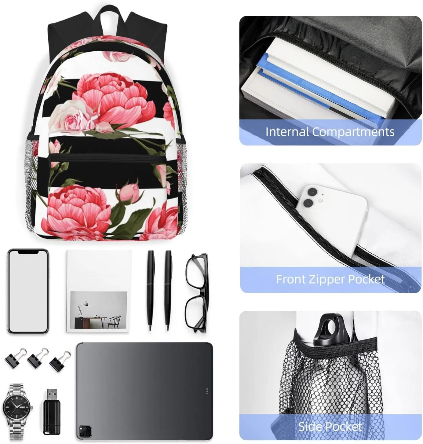 Wurton Black White Striped Flowers Print Multipurpose Casual Bag With Fashionable Travel,Work Outdoor Activities Backpack