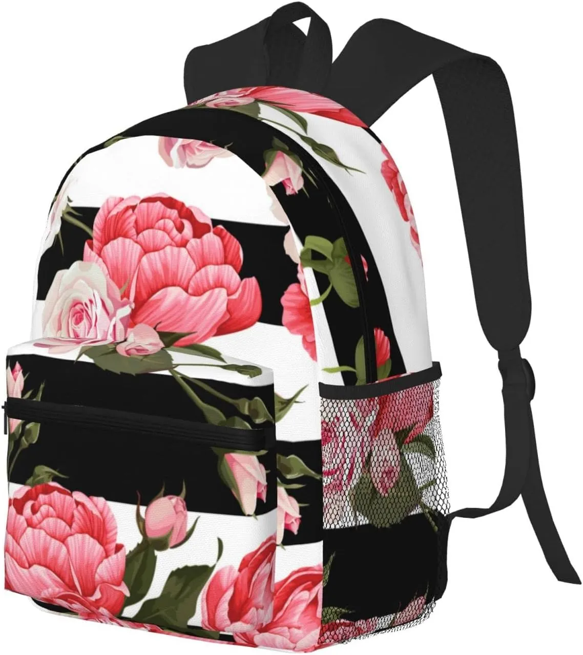 Wurton Black White Striped Flowers Print Multipurpose Casual Bag With Fashionable Travel,Work Outdoor Activities Backpack