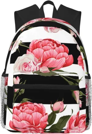 Wurton Black White Striped Flowers Print Multipurpose Casual Bag With Fashionable Travel,Work Outdoor Activities Backpack