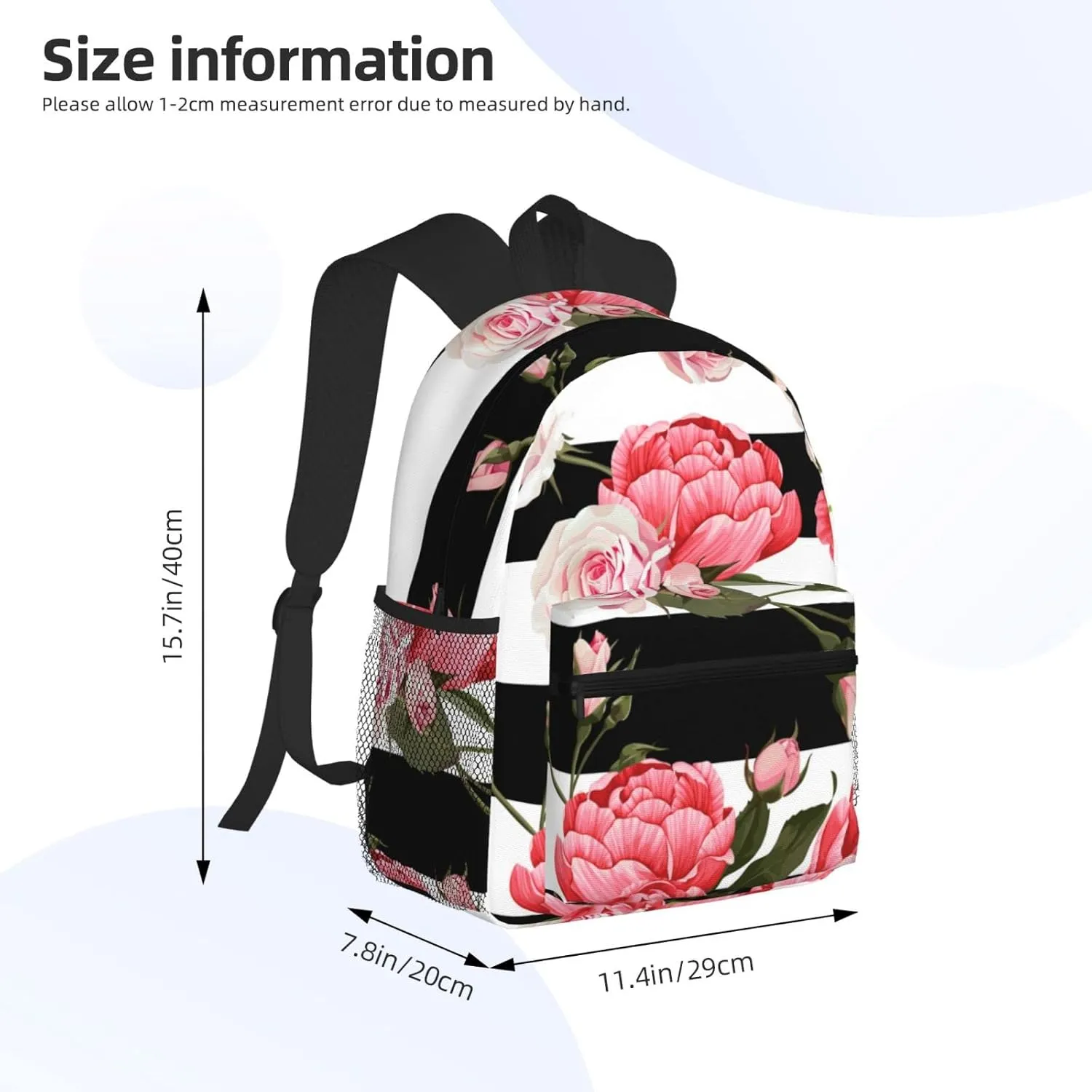 Wurton Black White Striped Flowers Print Multipurpose Casual Bag With Fashionable Travel,Work Outdoor Activities Backpack