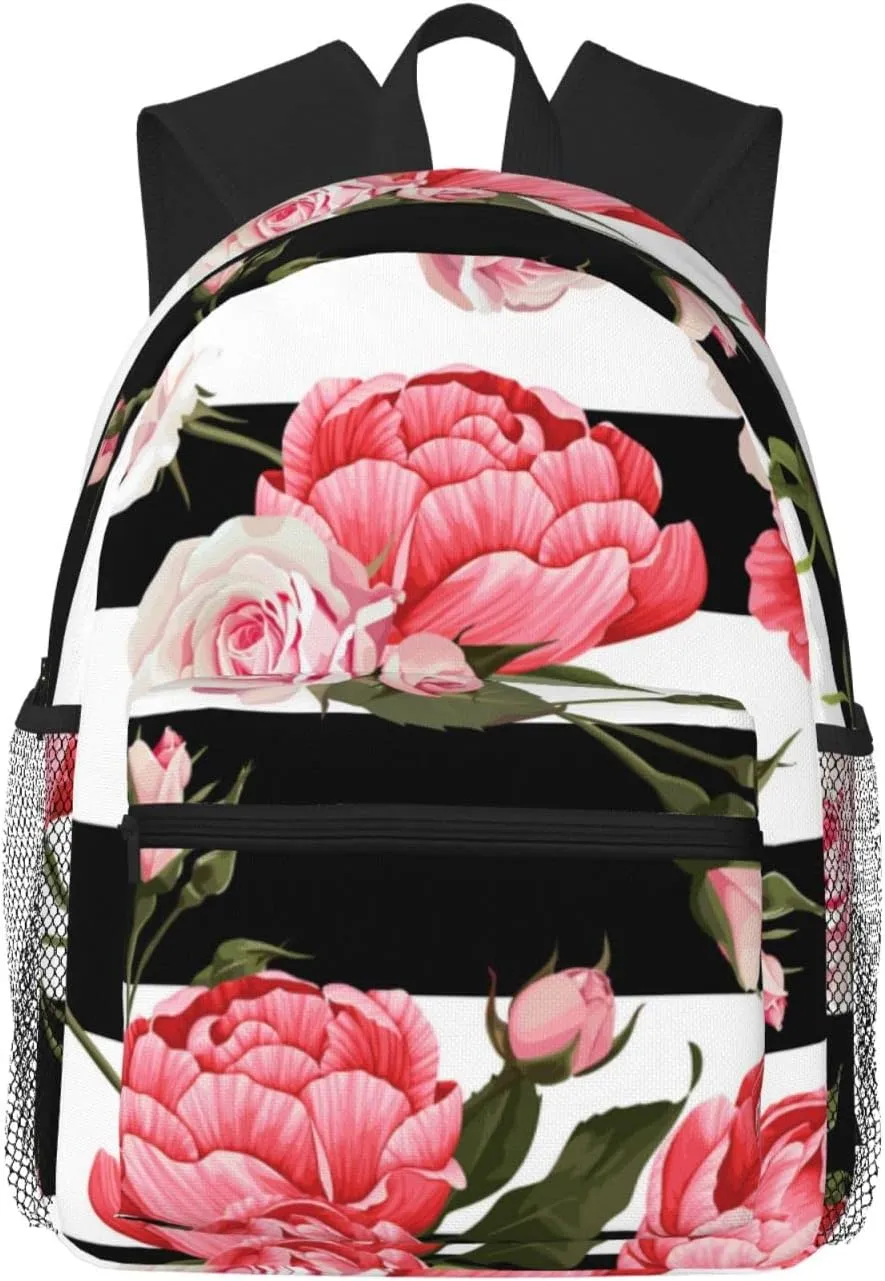 Wurton Black White Striped Flowers Print Multipurpose Casual Bag With Fashionable Travel,Work Outdoor Activities Backpack
