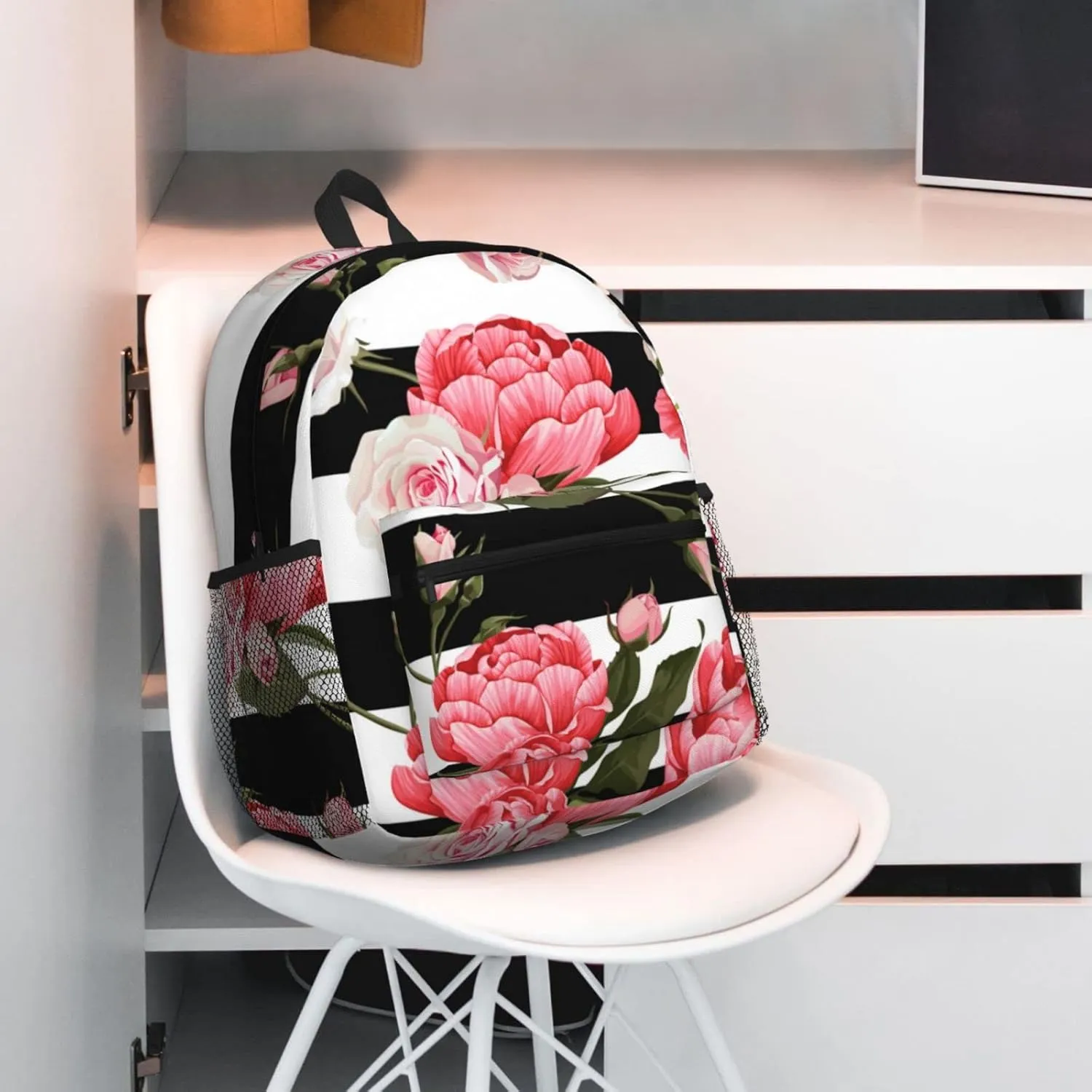 Wurton Black White Striped Flowers Print Multipurpose Casual Bag With Fashionable Travel,Work Outdoor Activities Backpack