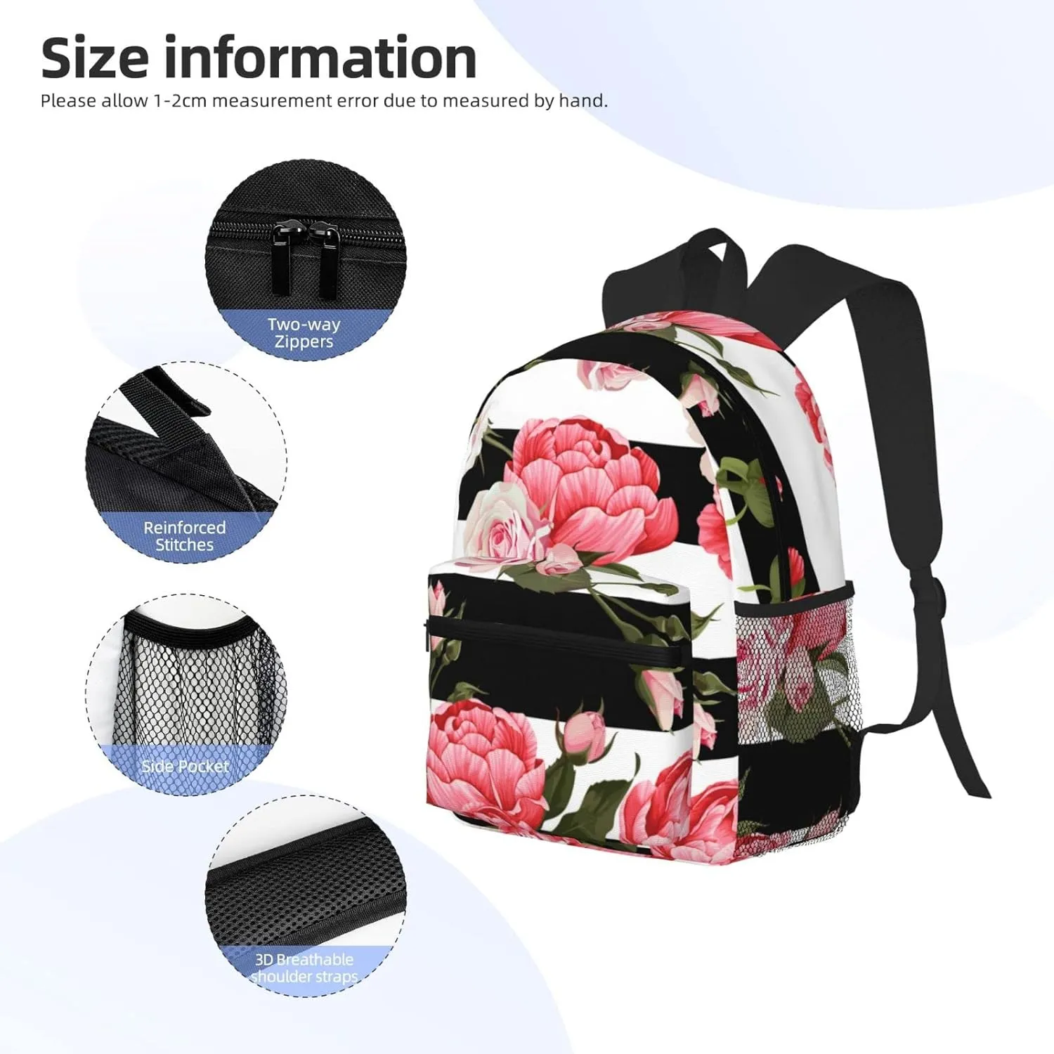Wurton Black White Striped Flowers Print Multipurpose Casual Bag With Fashionable Travel,Work Outdoor Activities Backpack