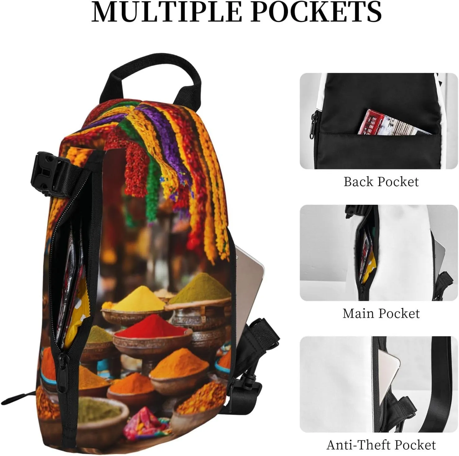 WURTON Condiments Spices Print Crossbody Backpack Cross Pack Lightweight Sling Bag Travel, Hiking