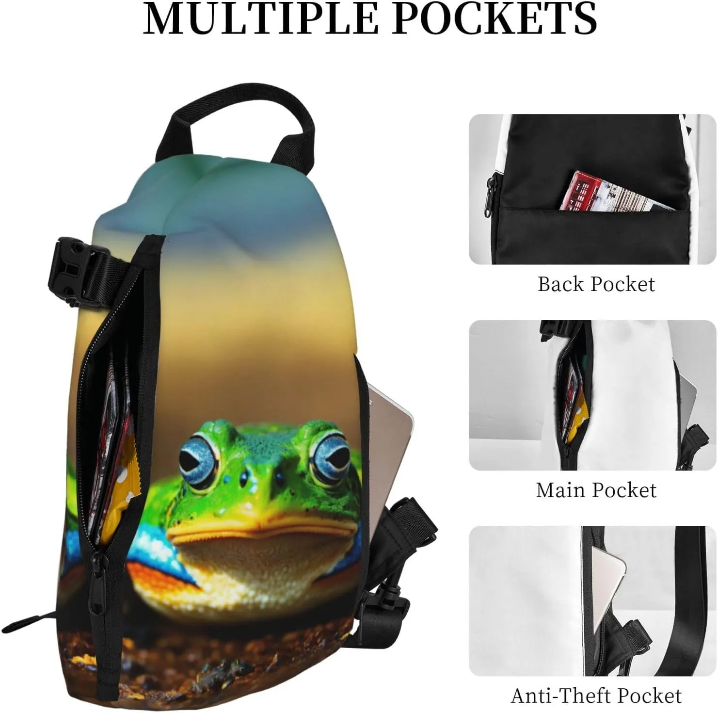 WURTON Cute Frog Print Crossbody Backpack Cross Pack Lightweight Sling Bag Travel, Hiking