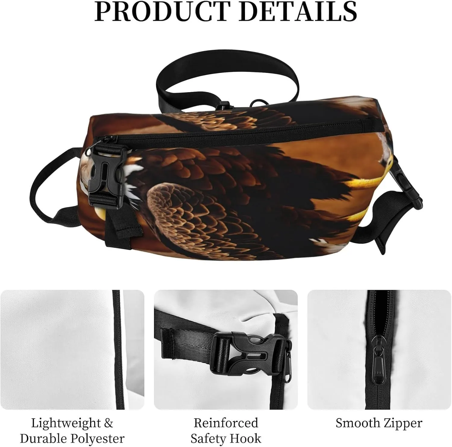 WURTON Flying Eagle Print Crossbody Backpack Cross Pack Lightweight Sling Bag Travel, Hiking