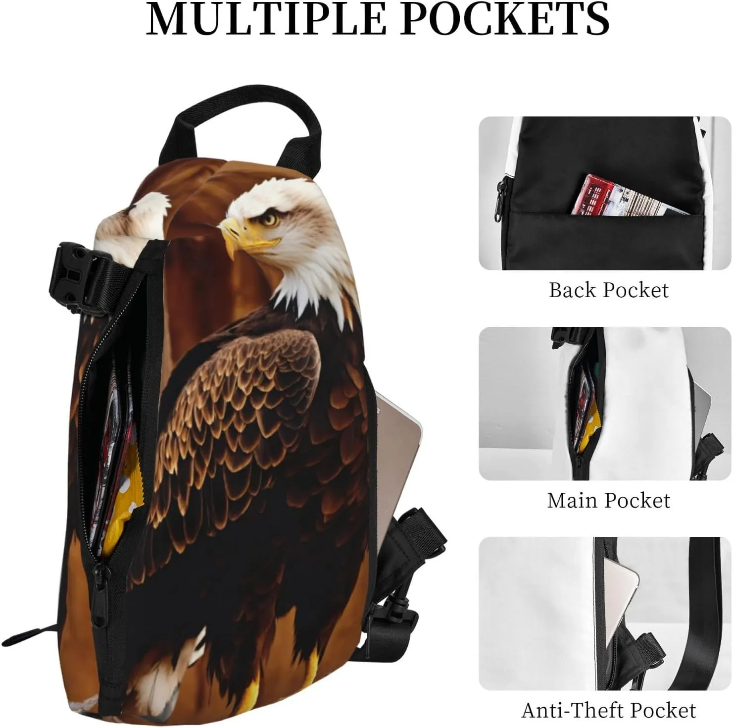 WURTON Flying Eagle Print Crossbody Backpack Cross Pack Lightweight Sling Bag Travel, Hiking