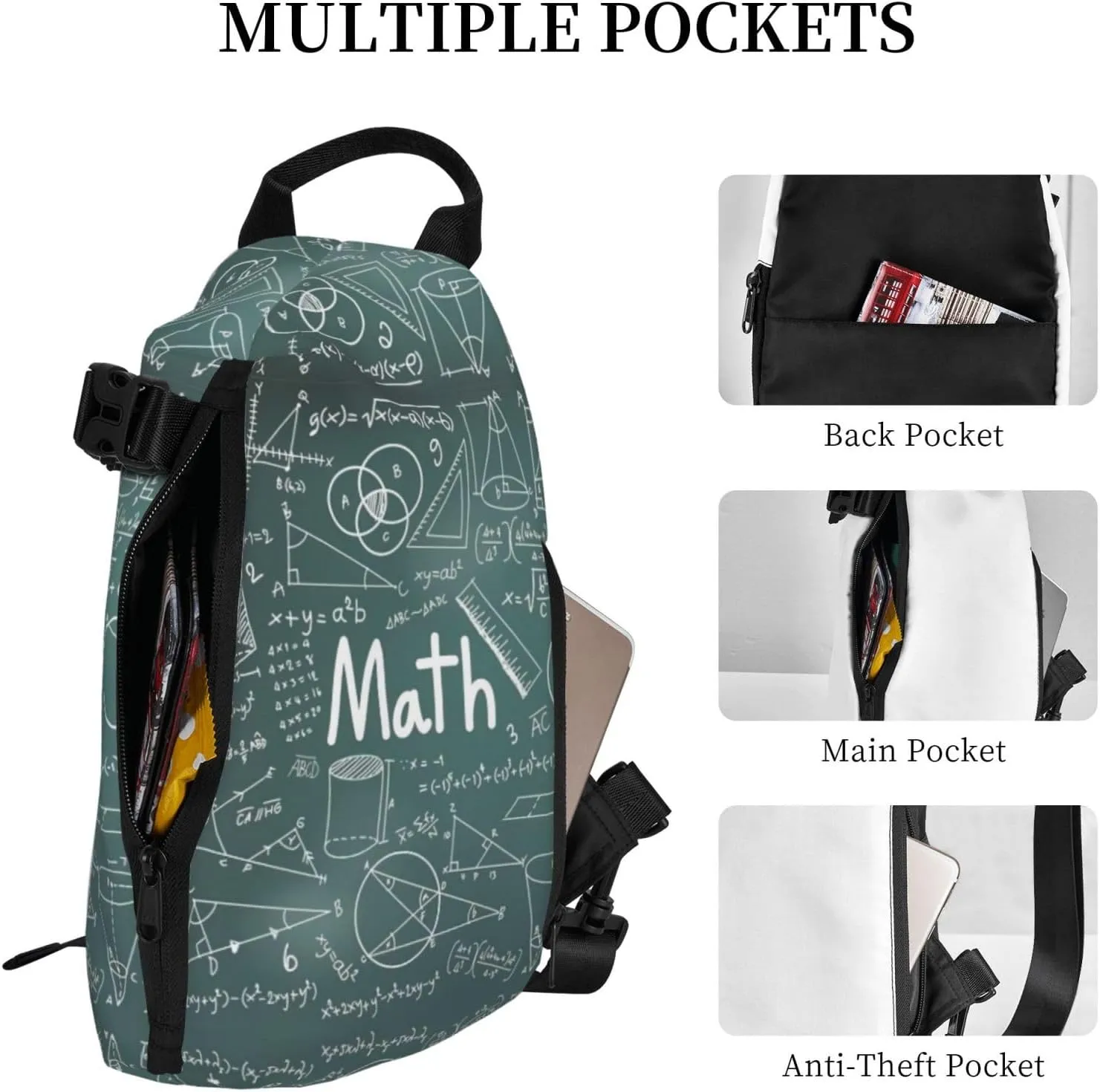 WURTON Formulas Shapes Theory Math Lesson Word Print Crossbody Backpack Cross Pack Lightweight Sling Bag Travel, Hiking