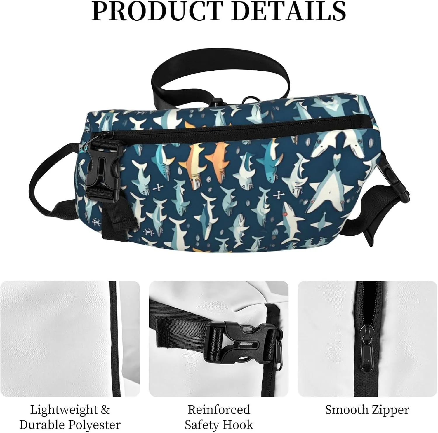 WURTON Sharks Nautical Print Crossbody Backpack Cross Pack Lightweight Sling Bag Travel, Hiking