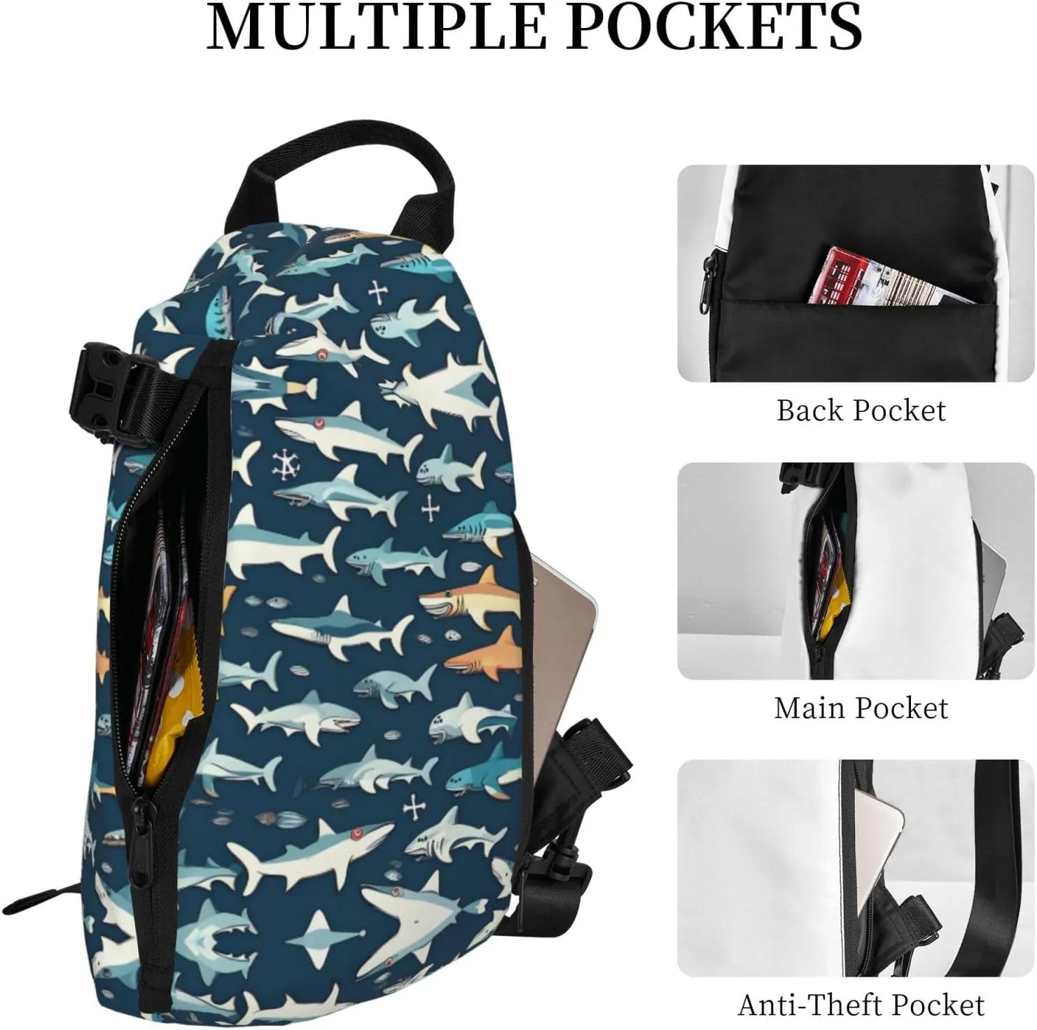WURTON Sharks Nautical Print Crossbody Backpack Cross Pack Lightweight Sling Bag Travel, Hiking