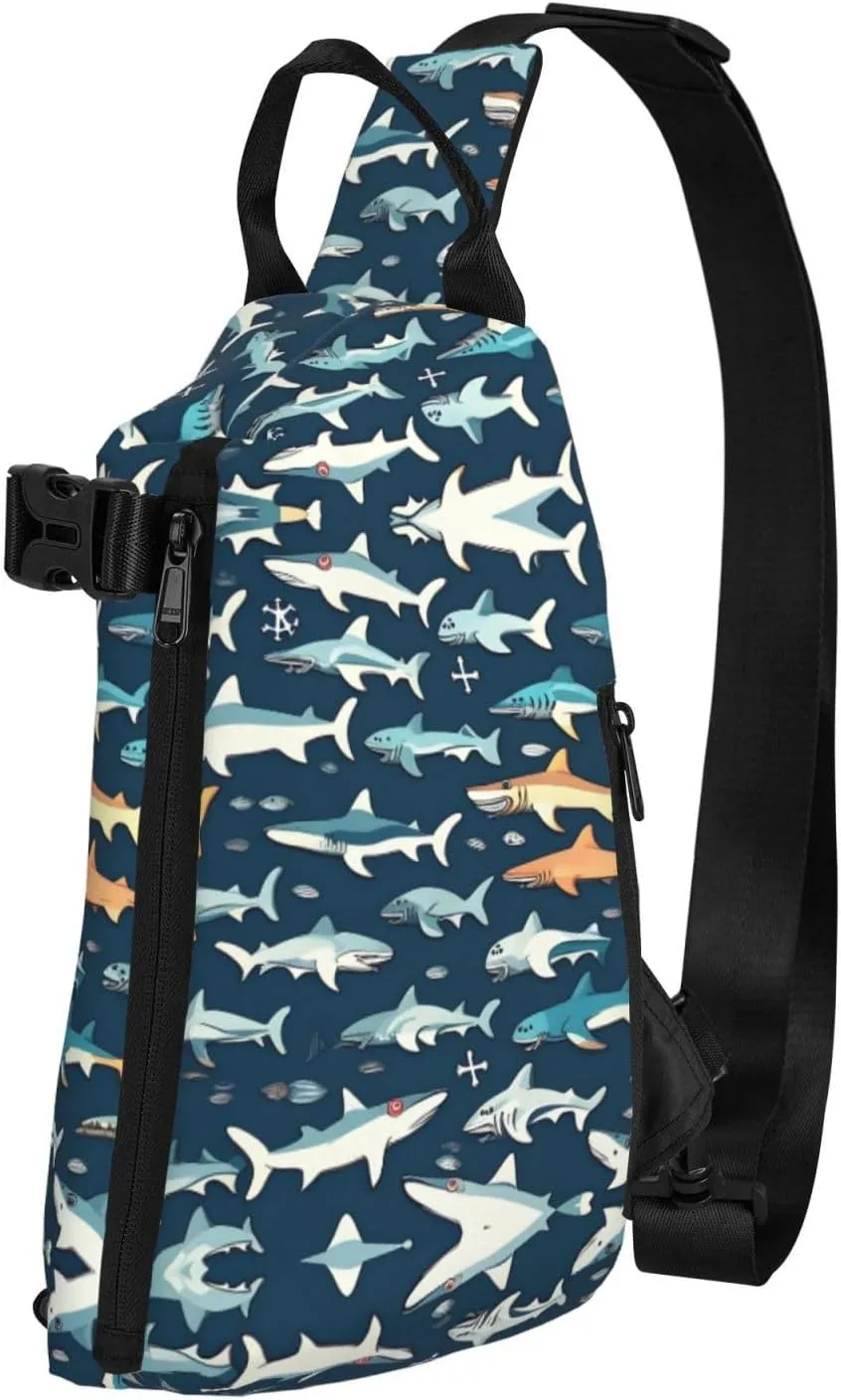 WURTON Sharks Nautical Print Crossbody Backpack Cross Pack Lightweight Sling Bag Travel, Hiking