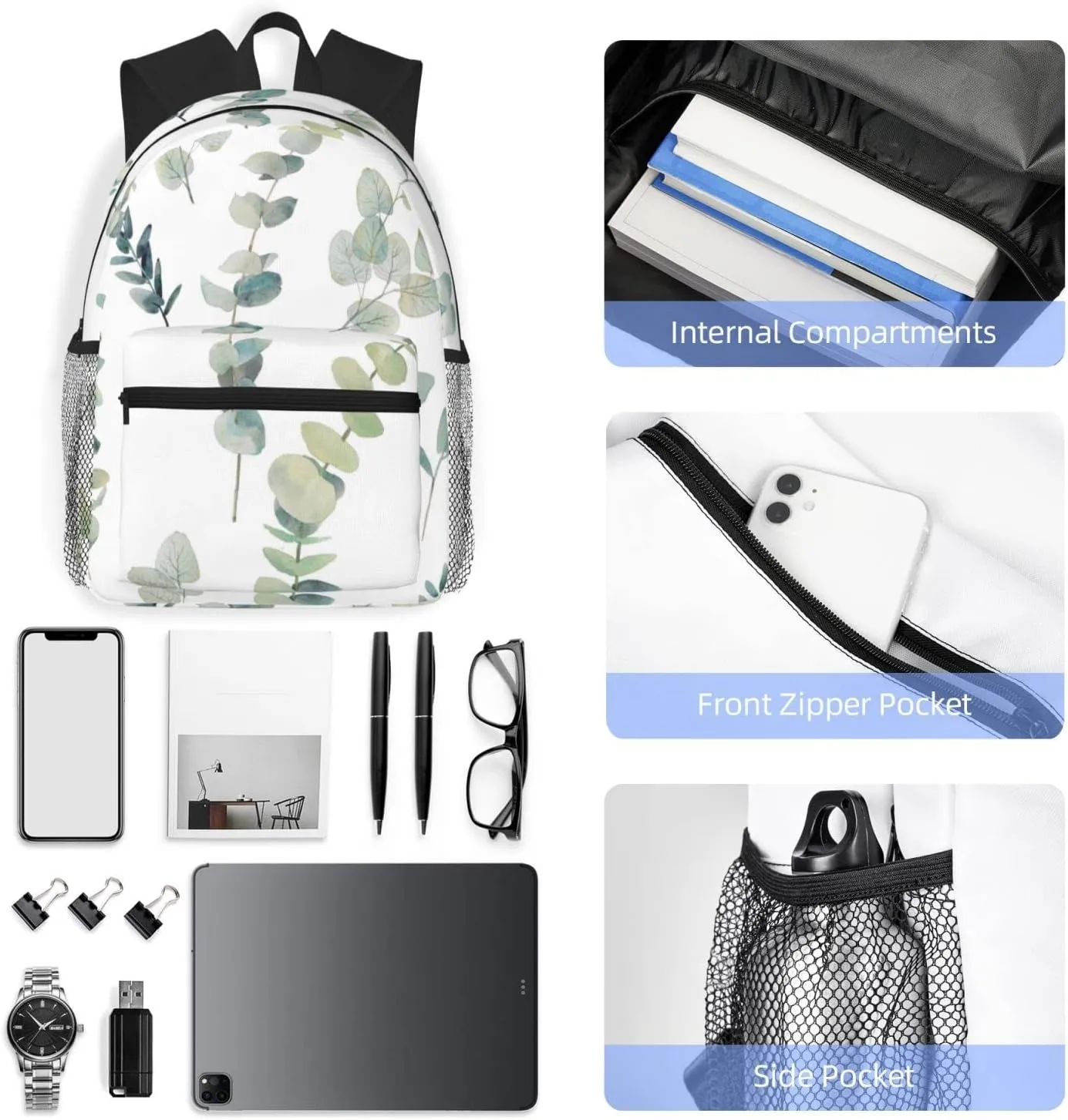 Wurton White Natural Greenery Twig Print Multipurpose Casual Bag With Fashionable Travel,Work Outdoor Activities Backpack