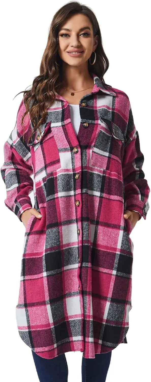Xaspee Womens Long Plaid Shacket Jacket Casual Fashion Lapel Button Down Long Sleeve Long Plaid Coat with Pockets