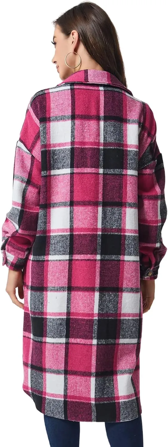 Xaspee Womens Long Plaid Shacket Jacket Casual Fashion Lapel Button Down Long Sleeve Long Plaid Coat with Pockets