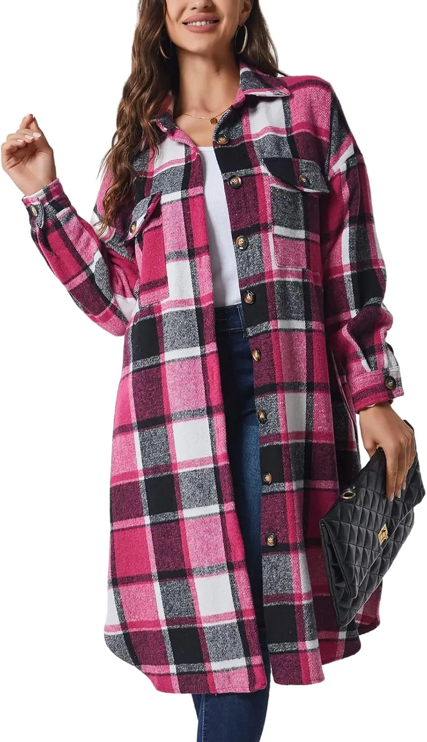 Xaspee Womens Long Plaid Shacket Jacket Casual Fashion Lapel Button Down Long Sleeve Long Plaid Coat with Pockets