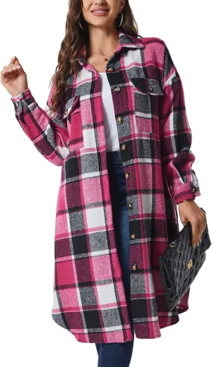 Xaspee Womens Long Plaid Shacket Jacket Casual Fashion Lapel Button Down Long Sleeve Long Plaid Coat with Pockets