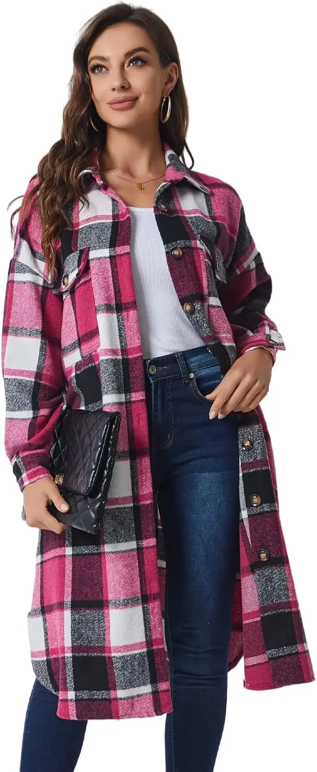 Xaspee Womens Long Plaid Shacket Jacket Casual Fashion Lapel Button Down Long Sleeve Long Plaid Coat with Pockets