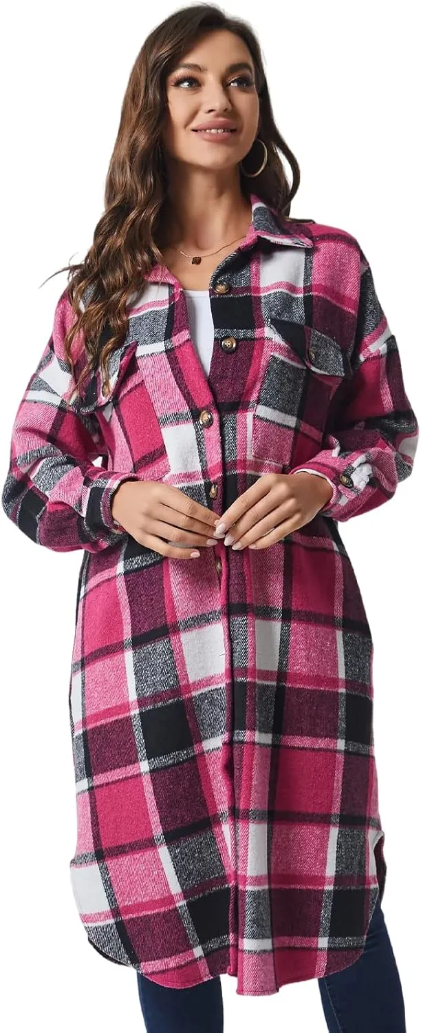 Xaspee Womens Long Plaid Shacket Jacket Casual Fashion Lapel Button Down Long Sleeve Long Plaid Coat with Pockets