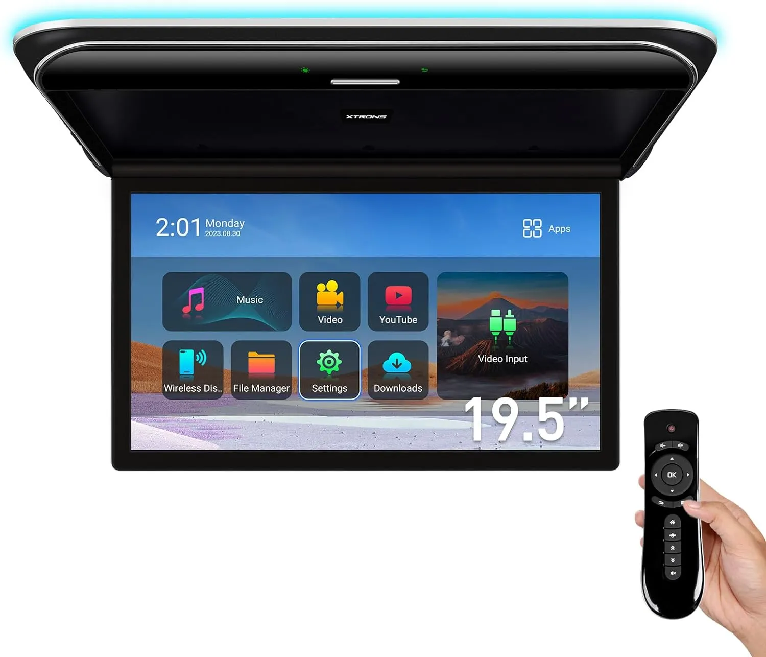 XTRONS Android Car Overhead Player 19.5 Inch Wide IPS Screen 8K Video Car Roof Mount Monitor with Built-in Stereo Speakers Flip Down Overhead Car Monitor Support WiFi, HDMI Input, USB, RCA Input
