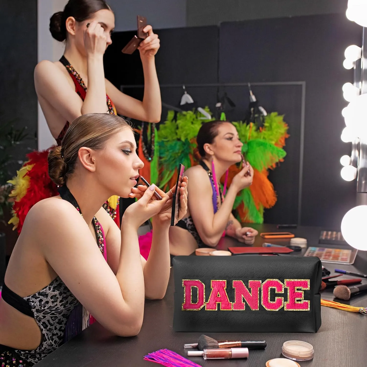 Y1tvei DANCE Large Cosmetic Bag - Preppy Patch DANCE Hot Pink Chenille Letter Makeup Bag PU Leather Waterproof Portable Dance Letter Toiletry Pouch Travel Organizer Dancer Gift for Women Girl (Black)