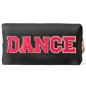 Y1tvei DANCE Large Cosmetic Bag - Preppy Patch DANCE Hot Pink Chenille Letter Makeup Bag PU Leather Waterproof Portable Dance Letter Toiletry Pouch Travel Organizer Dancer Gift for Women Girl (Black)
