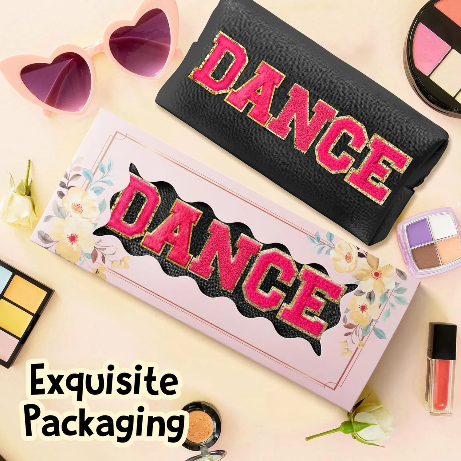 Y1tvei DANCE Large Cosmetic Bag - Preppy Patch DANCE Hot Pink Chenille Letter Makeup Bag PU Leather Waterproof Portable Dance Letter Toiletry Pouch Travel Organizer Dancer Gift for Women Girl (Black)