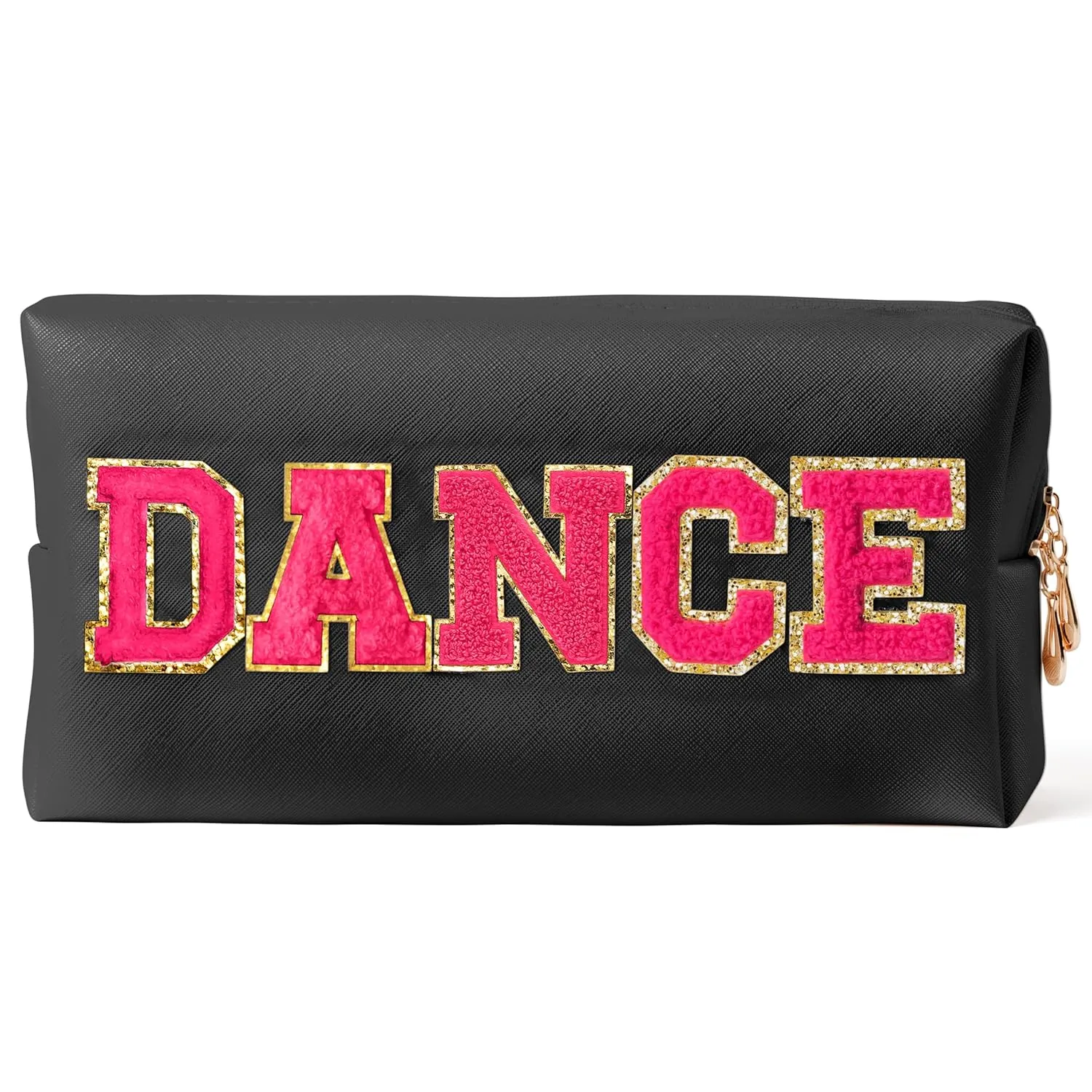 Y1tvei DANCE Large Cosmetic Bag - Preppy Patch DANCE Hot Pink Chenille Letter Makeup Bag PU Leather Waterproof Portable Dance Letter Toiletry Pouch Travel Organizer Dancer Gift for Women Girl (Black)