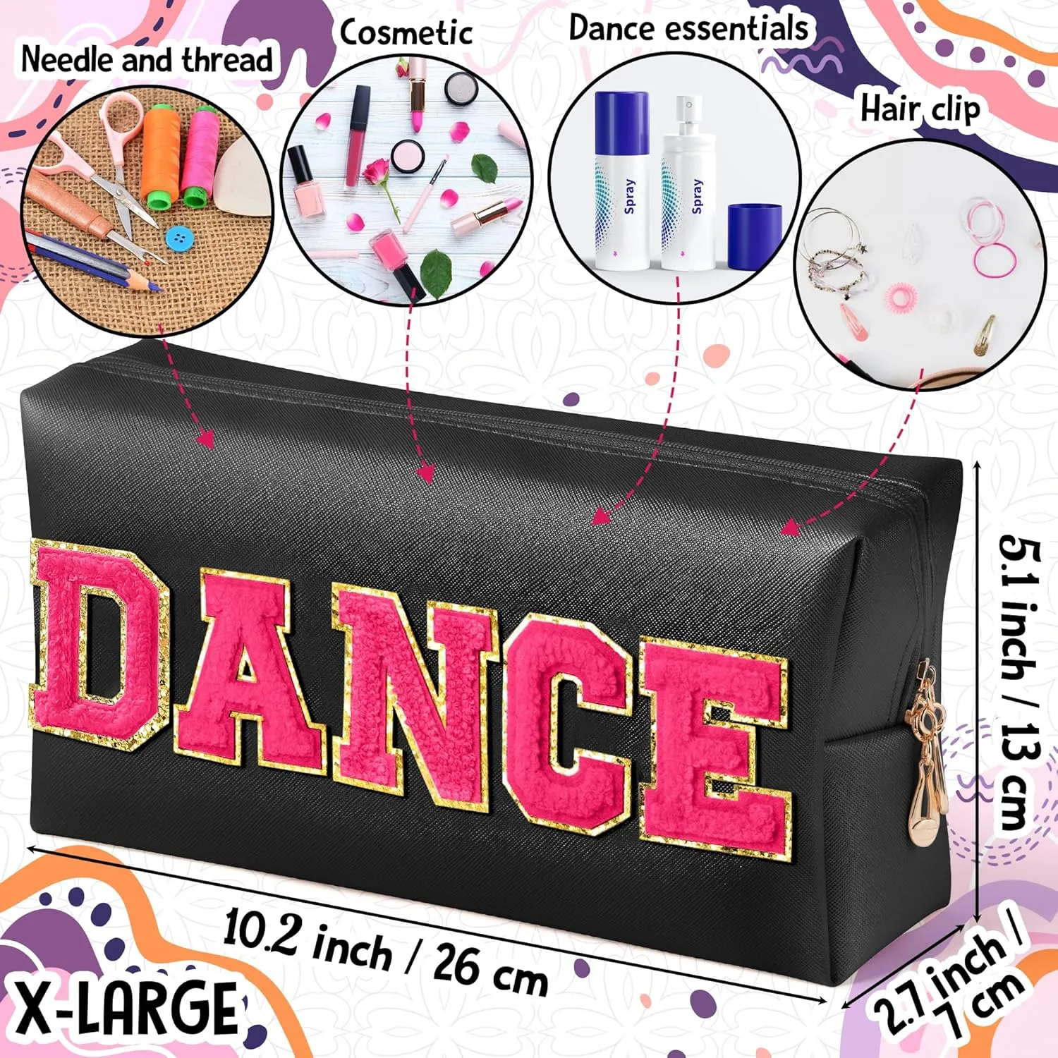 Y1tvei DANCE Large Cosmetic Bag - Preppy Patch DANCE Hot Pink Chenille Letter Makeup Bag PU Leather Waterproof Portable Dance Letter Toiletry Pouch Travel Organizer Dancer Gift for Women Girl (Black)