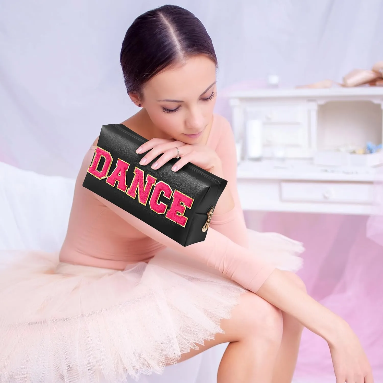 Y1tvei DANCE Large Cosmetic Bag - Preppy Patch DANCE Hot Pink Chenille Letter Makeup Bag PU Leather Waterproof Portable Dance Letter Toiletry Pouch Travel Organizer Dancer Gift for Women Girl (Black)
