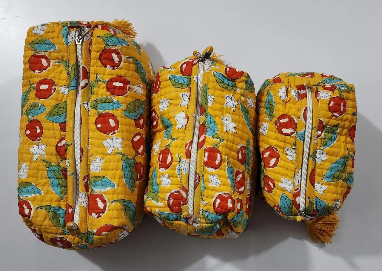 Yellow With Red Pomegranate Print Pouch Set