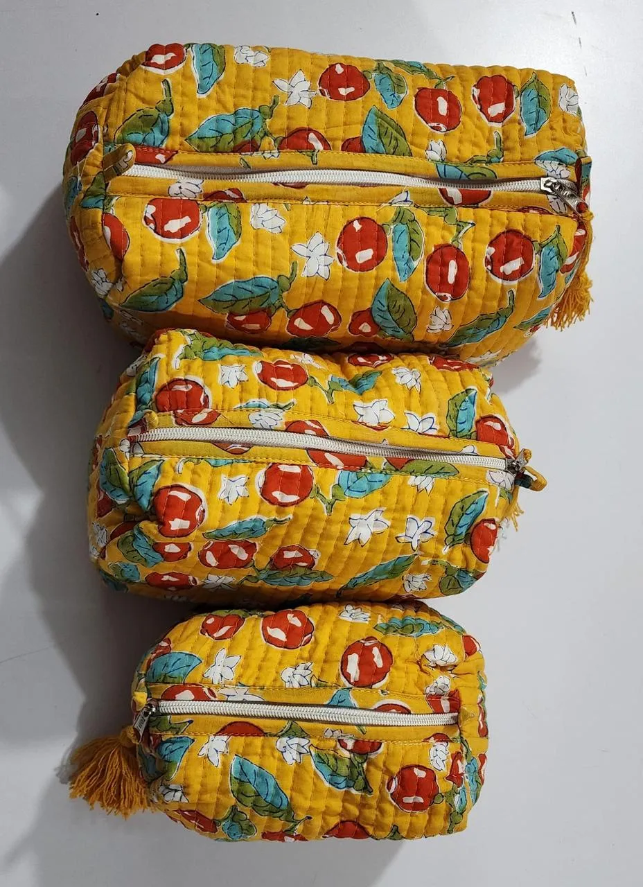 Yellow With Red Pomegranate Print Pouch Set