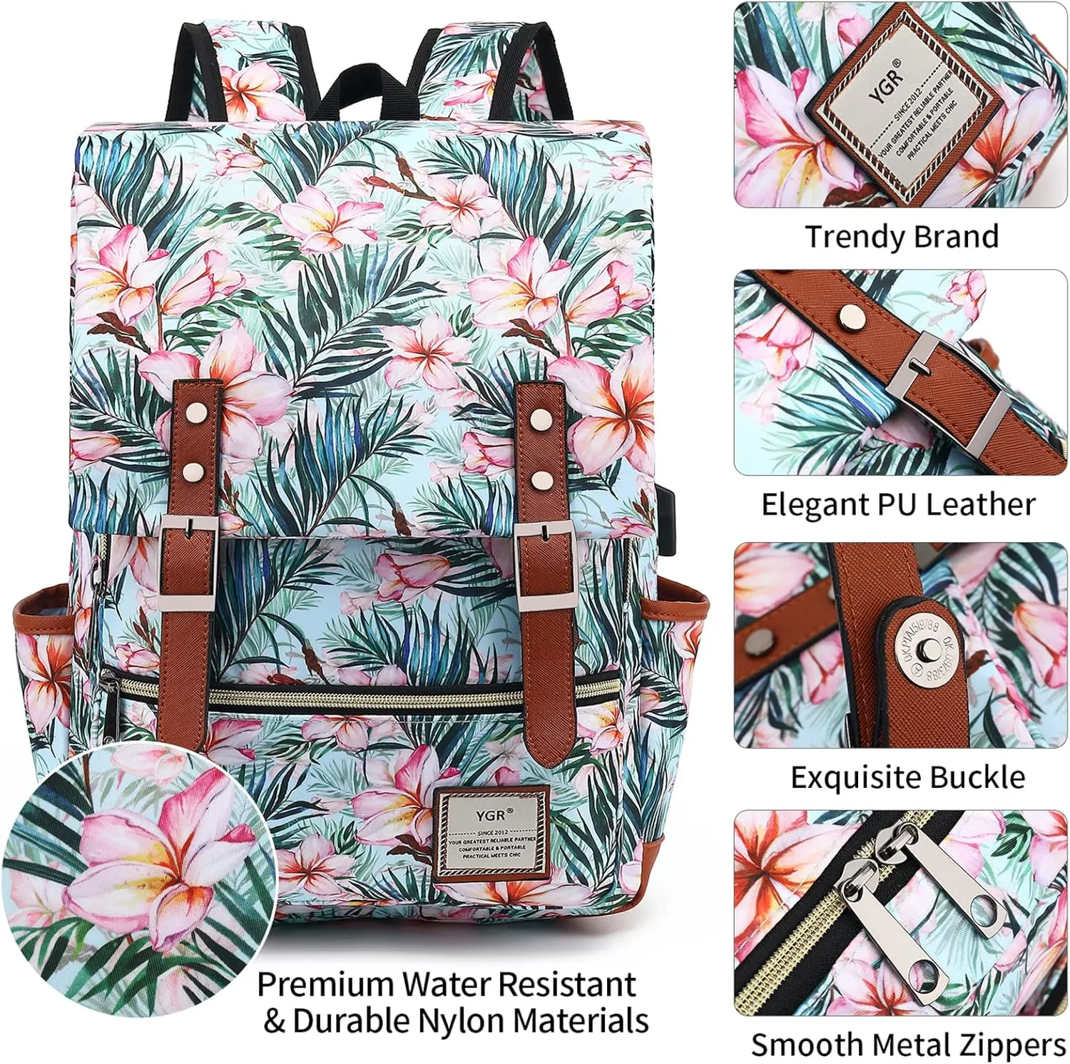 YGR Floral Laptop Backpack for Women, Female, School, Travel, Business, Outdoor Sports, Office, Work