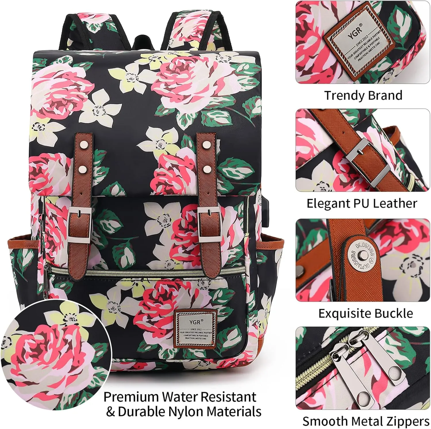 YGR Floral Laptop Backpack for Women, Female, School, Travel, Business, Outdoor Sports, Office, Work