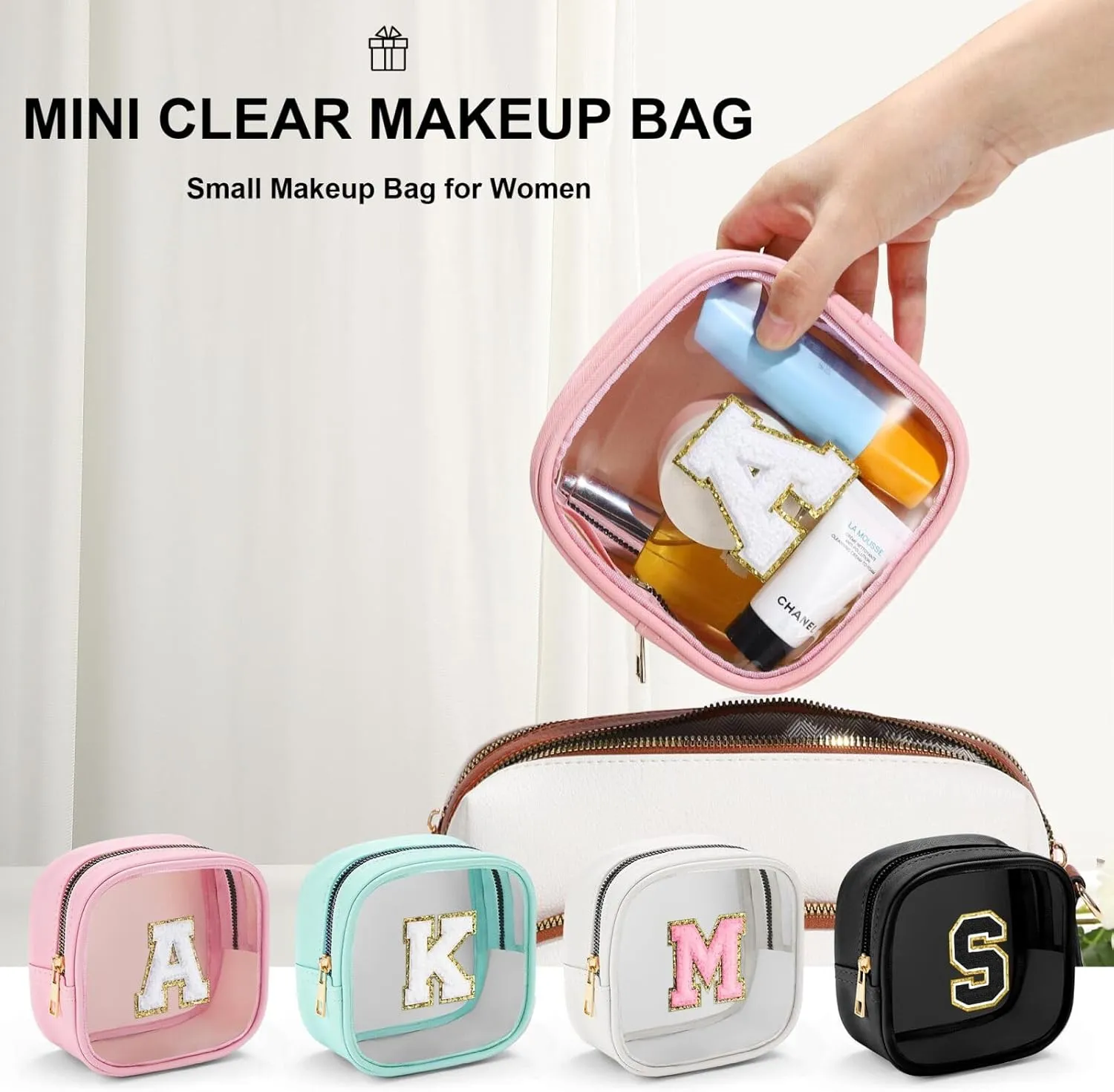YOOLIFE Initial Make Up Bag Travel Toiletry Bag, Clear Makeup Bag Preppy Cosmetic Bags Organizer Travel Essentials Gifts for Women Teen Girlfriend Teacher Mom Birthday Mothers Day Gifts White D
