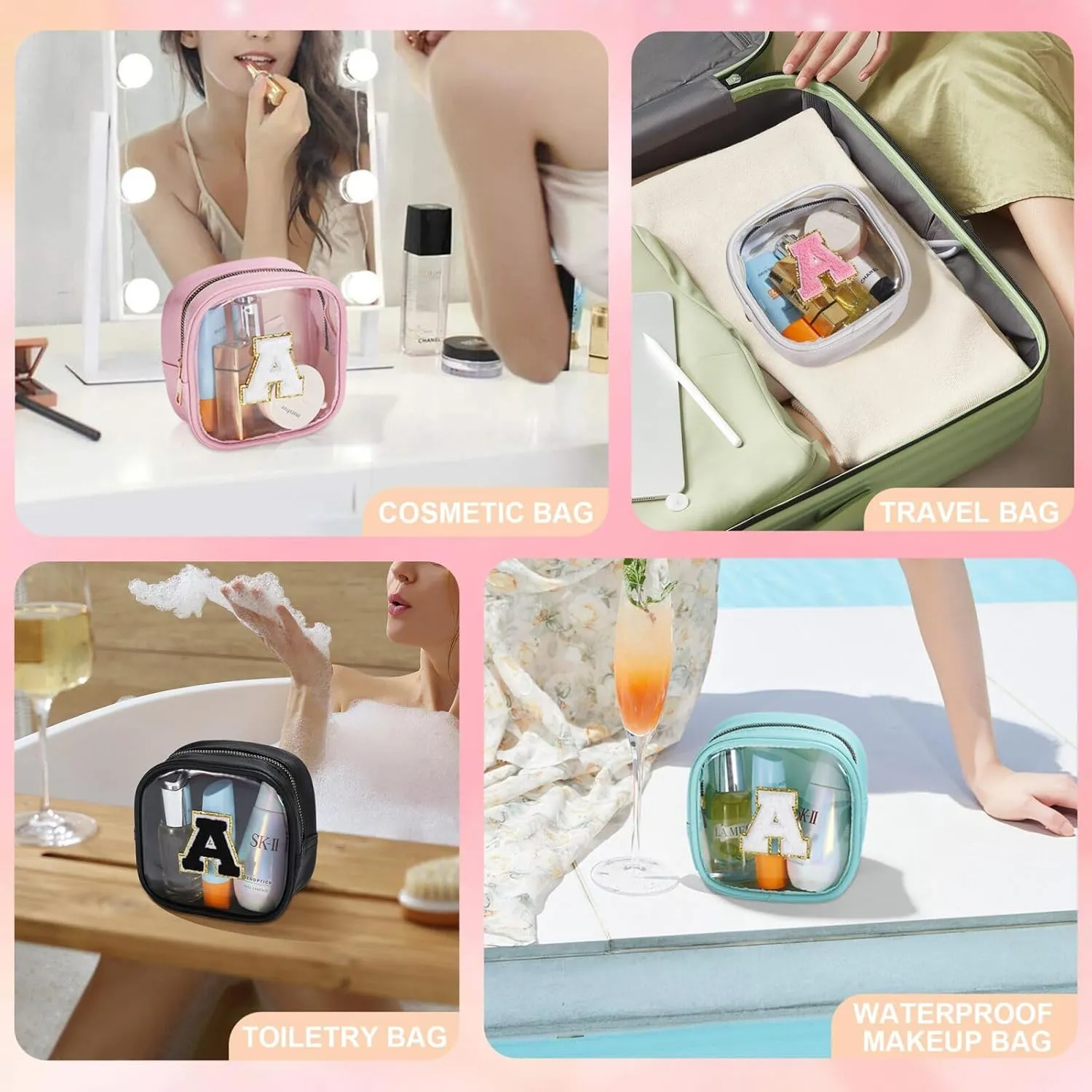 YOOLIFE Initial Make Up Bag Travel Toiletry Bag, Clear Makeup Bag Preppy Cosmetic Bags Organizer Travel Essentials Gifts for Women Teen Girlfriend Teacher Mom Birthday Mothers Day Gifts White D