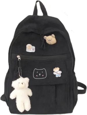 YUESUO Large Kawaii Corduroy Backpack with Cute Bear Pendant Vintage Bag for Girl Student School Bag Bookbag Satchel Laptop (Black,Medium)