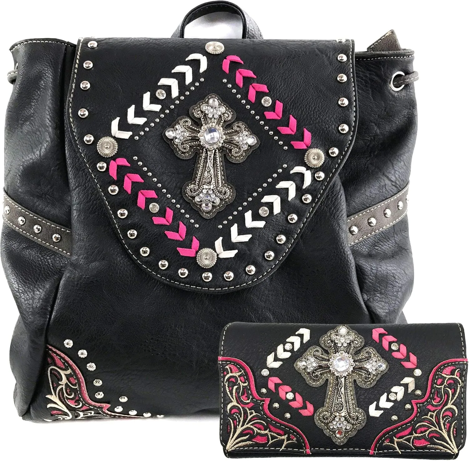 Zelris Western Country Cross Chevron Design Square Conceal Carry Rucksack Backpack with Matching Wallet Set