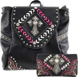 Zelris Western Country Cross Chevron Design Square Conceal Carry Rucksack Backpack with Matching Wallet Set