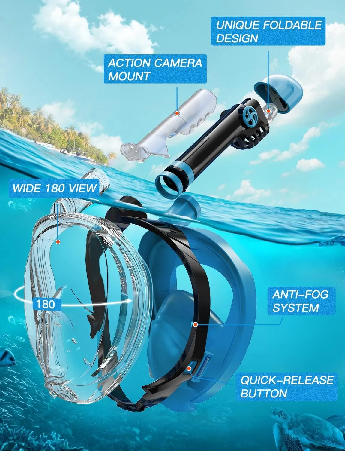 Zenoplige Full Face Snorkel Mask Adults,Dry-Top Snorkeling Gear with Camera Mount,Foldable 180-Degree Panoramic Scuba Mask for Snorkeling Diving Swimming Travel,Snorkel Mask Anti-Fog & Anti-Leak
